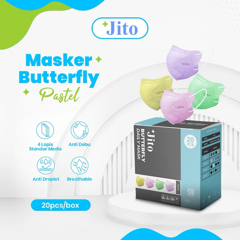MASKER RESPIRATOR 3D KN95 - MODEL BUTTERFLY - WARNA PASTEL "JITO" (1 Box = 20 pcs)
