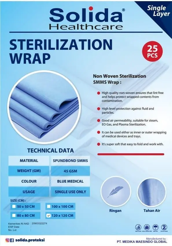 STERILIZATION WRAP SINGLE LAYER - 45 GSM 120 × 120 CM "SOLIDA HEALTHCARE" (1 Polybag = 25 sheet)