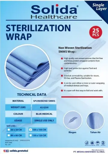 STERILIZATION WRAP SINGLE LAYER - 45 GSM 100 × 100 CM "SOLIDA HEALTHCARE" (1 Polybag = 25 sheet)